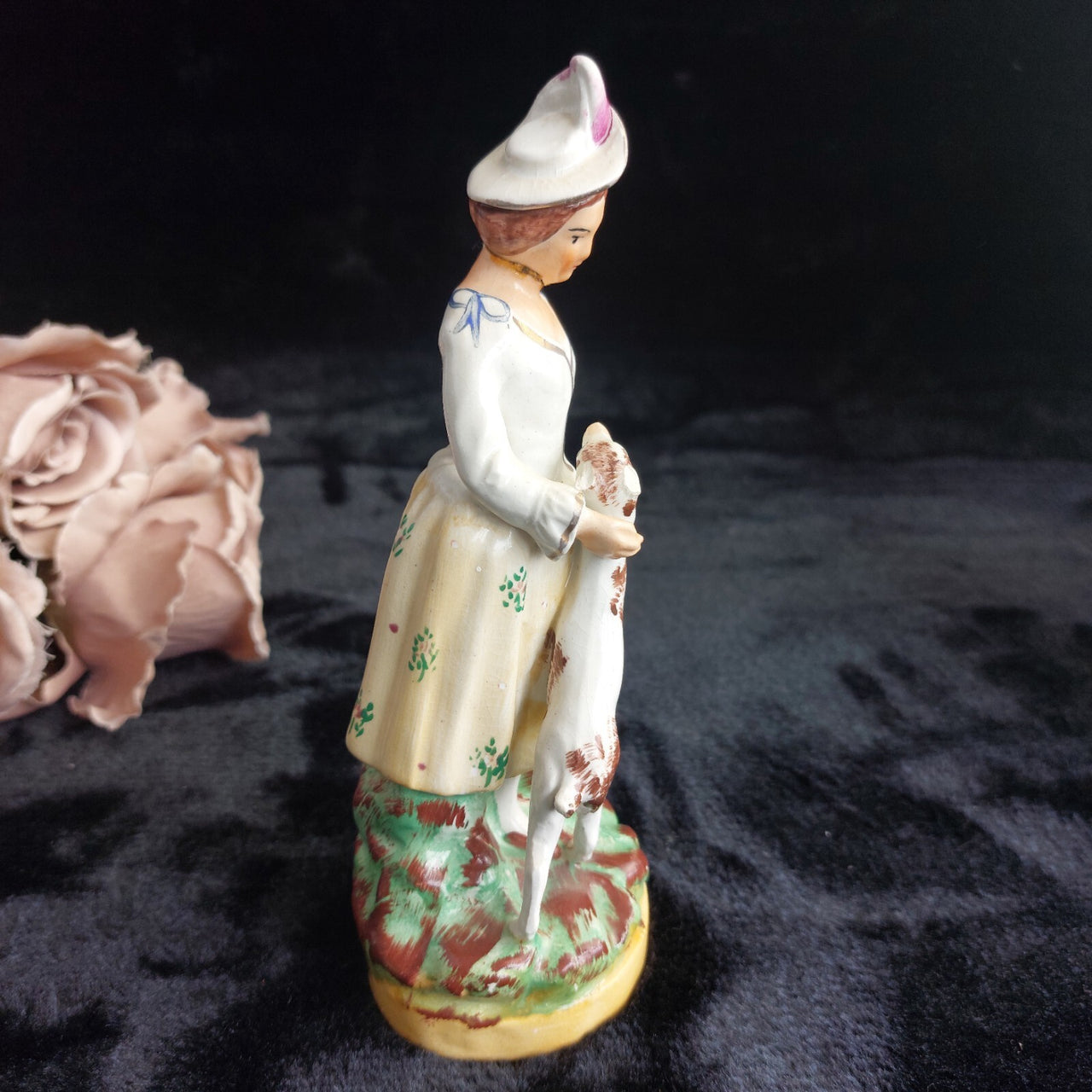 Staffordshire Figurine Dog Lady Yellow Skirt stamp England repaired head 7.5"5