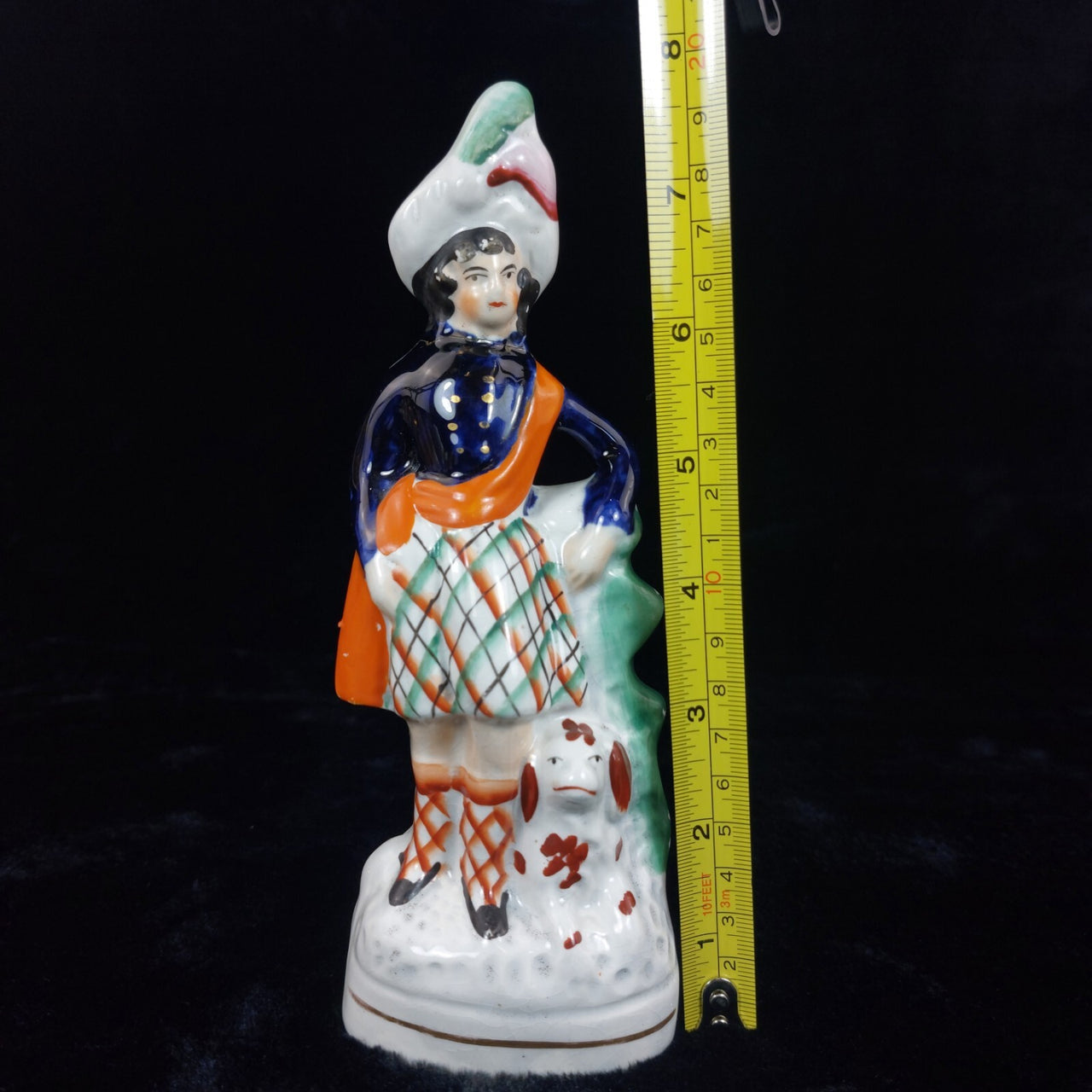 Antique 8" Staffordshire style Highland Boy & Dog Hand Painted repair see pic9