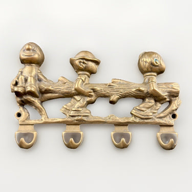 Vintage Italian Solid Brass Wall Hook Rack – 3 Boys Carrying Log – 8x6” Hanger1