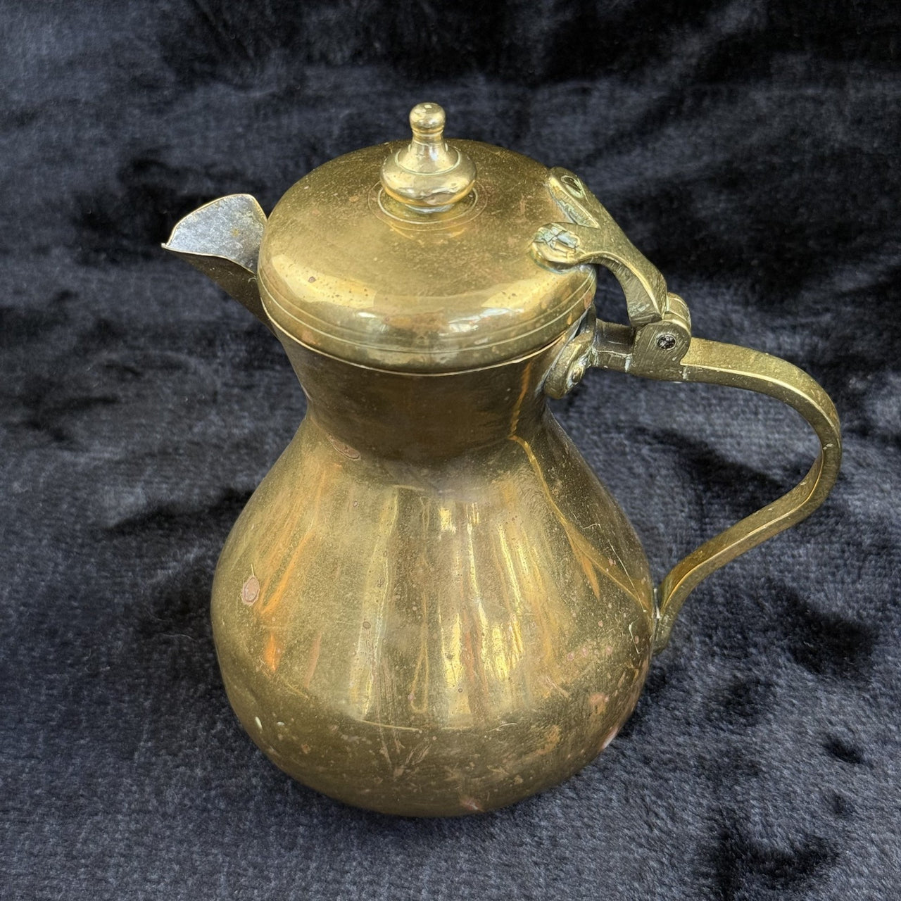 Brass Antique Tankard or Pouring Vessel w Hinged Lid gold brass victorin pitcher13