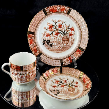 Bradford China Fenton Tea Trio Red Floral Gilt Antique Cup Saucer Plate Set deco0