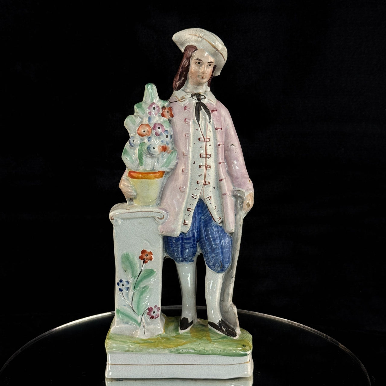 1800s antique Staffordshire Figurine Man Pink Jacket Floral Column repaired0