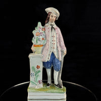 Thumbnail for 1800s antique Staffordshire Figurine Man Pink Jacket Floral Column repaired0