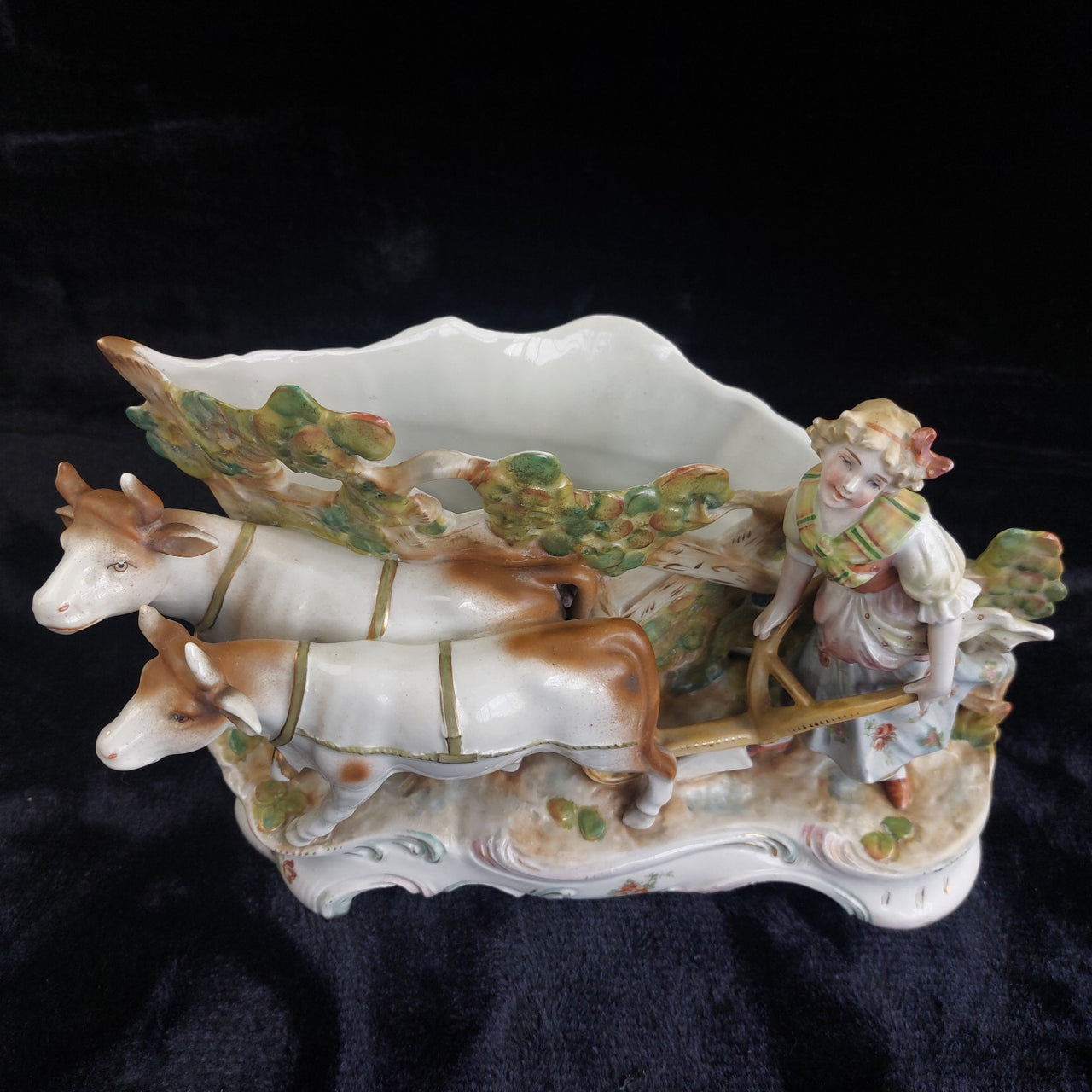 German Antique Porcelain Girl Oxen Cart Planter – Hand Painted 7"x10" 1261g6