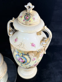 Thumbnail for Antique English Alton Ware Urns Set Hand Painted Roses Gilded Porcelain Vase Set4