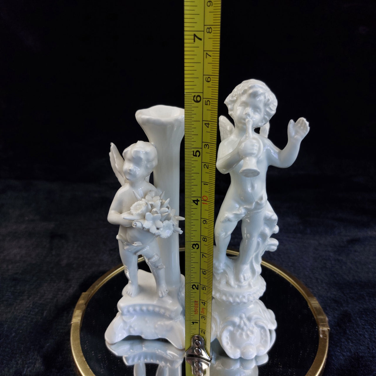 Antique Italy Cherub Figurines Pair 6.5in Porcelain White Trumpet Flowers Damage3
