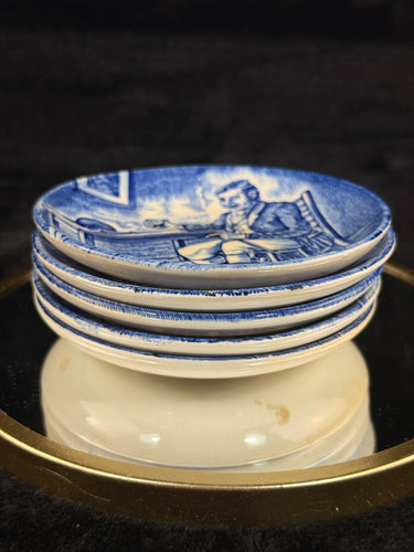 Booths Wedgwood England Blue Transfer Plates Set x5 Farmer Gamekeeper Soldier1