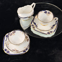 Thumbnail for Rare Royal Albert Crown China Blue Gold Leaf Tea Set Trio x2 & Jug England 1930s16