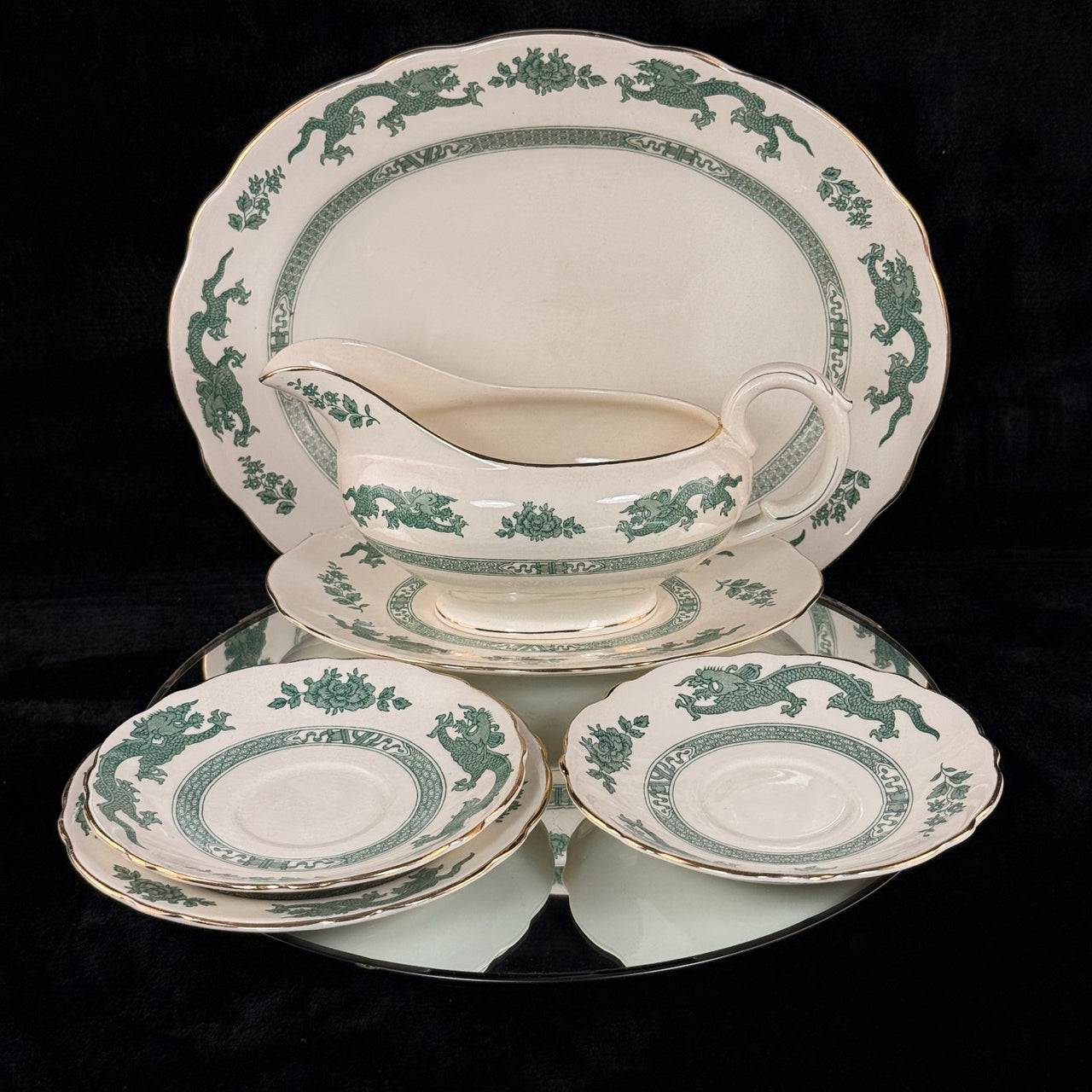 Royal England Cauldon Green Dragon Serving Set x6 – Vintage Ironstone China7