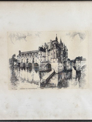 Vintage Château de Chenonceaux Framed Etching Print French Castle Art Drawing.1