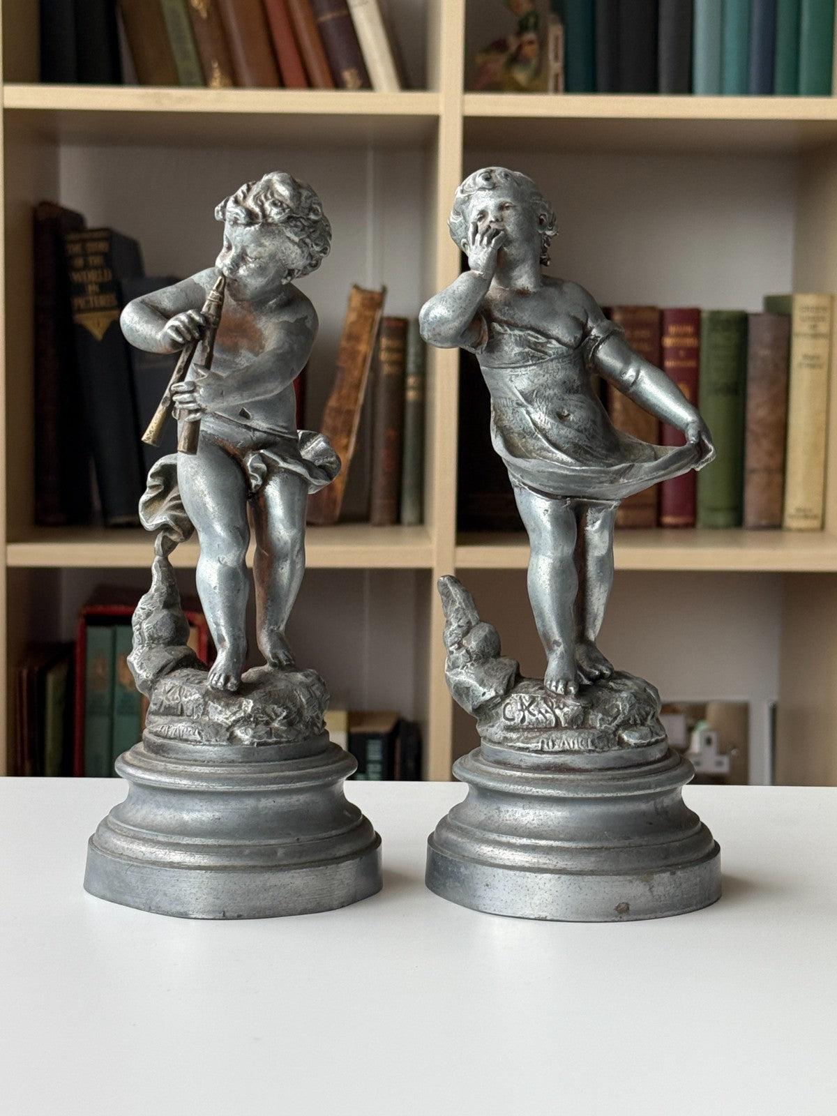 Antique French Cherub / Putti Metal Figurines "Silence" & "Music" by C. Kalf?22
