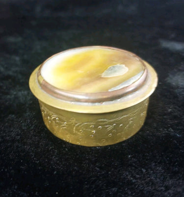Vintage Brass & Agate Pill Box/Trinket Hand-Engraved - Aged Patina Set Type deco0