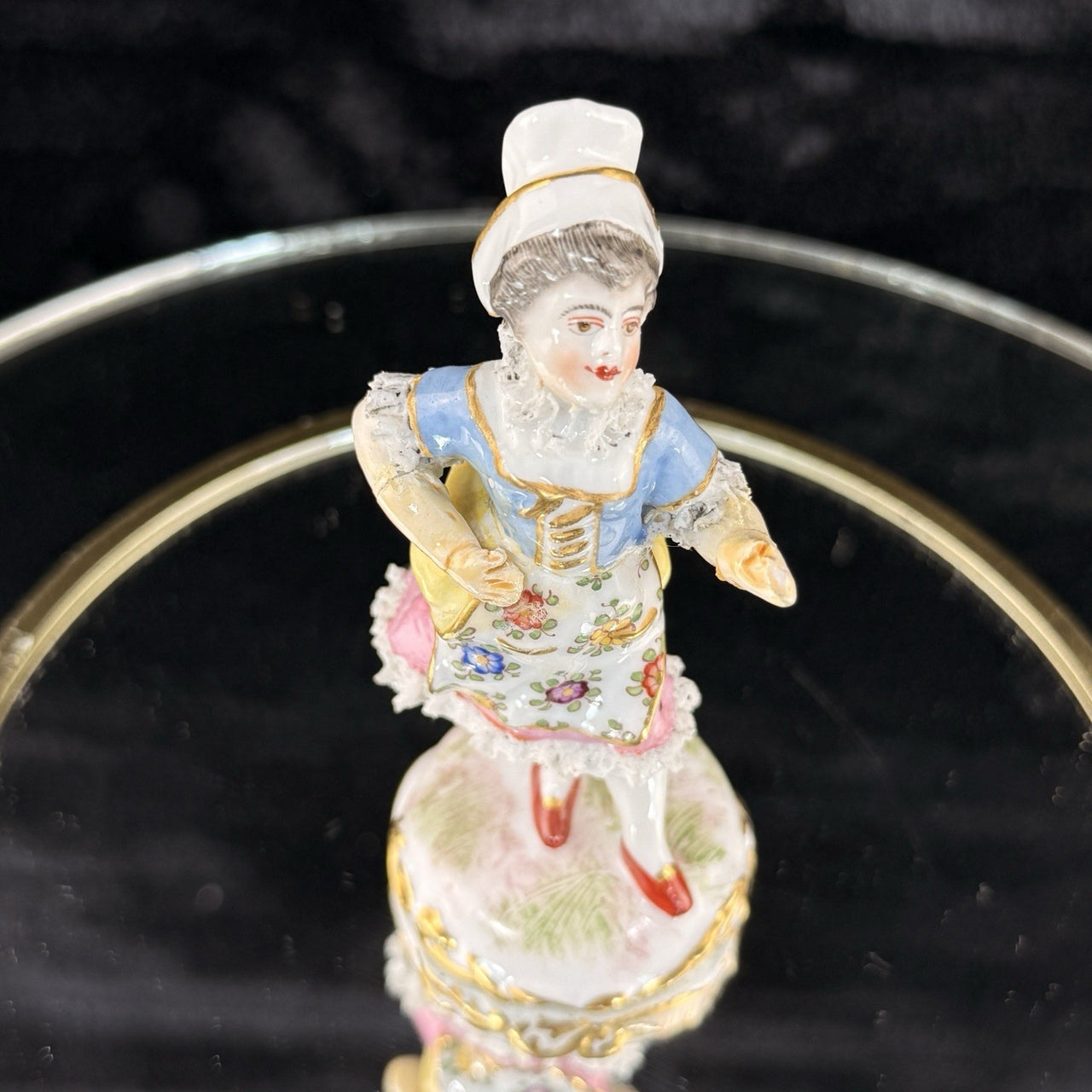 Antique German Dresden Figurine Porcelain Woman Floral Dress Trim Lace Repaired1