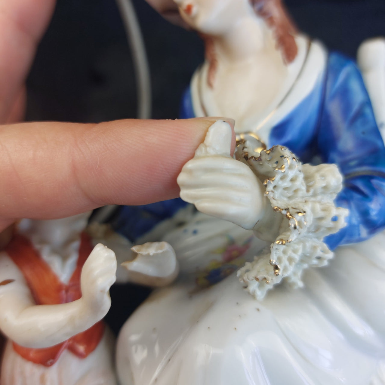 Vintage Lady Porcelain And Girl Figurine Hand Painted Lace Detail see the pics.14