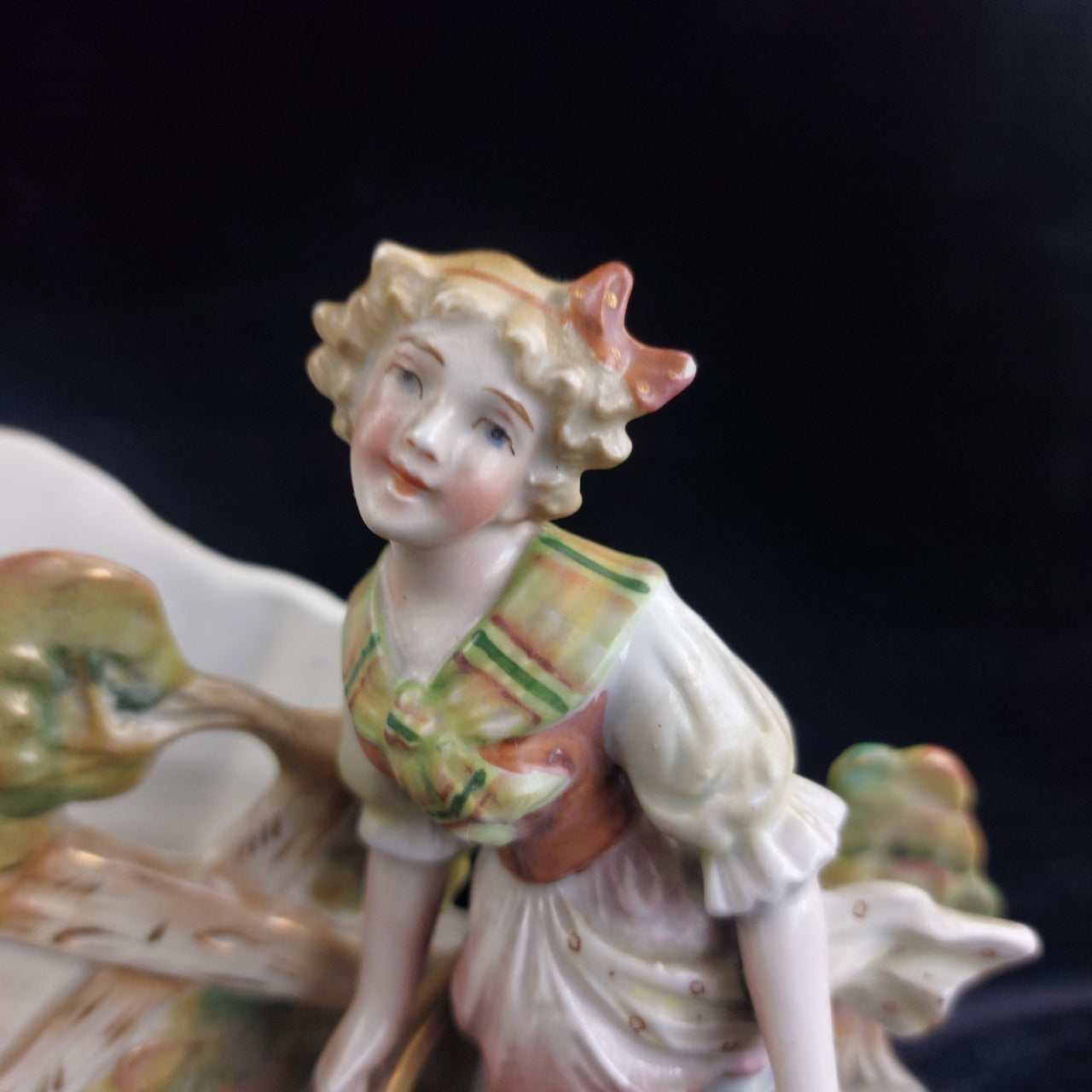 German Antique Porcelain Girl Oxen Cart Planter – Hand Painted 7"x10" 1261g2