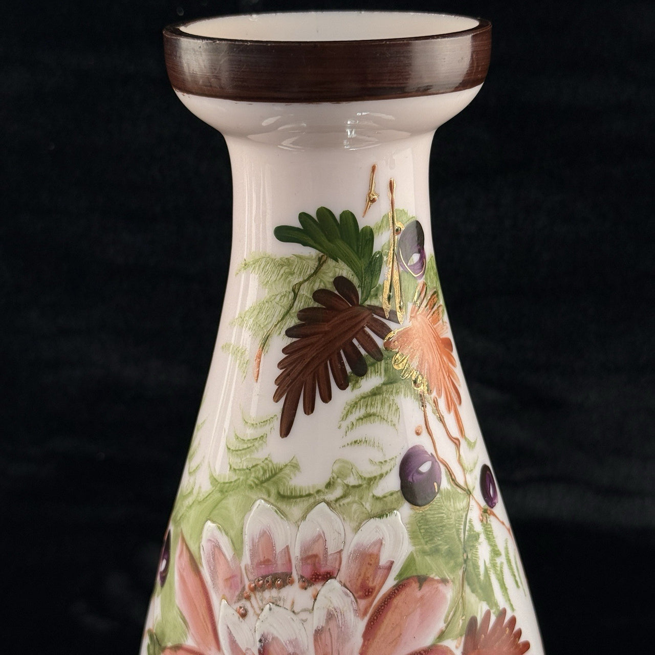 Pink Bohemian Glass Antique Vase 10” Floral Enamel Victorian Art Nouveau decor4