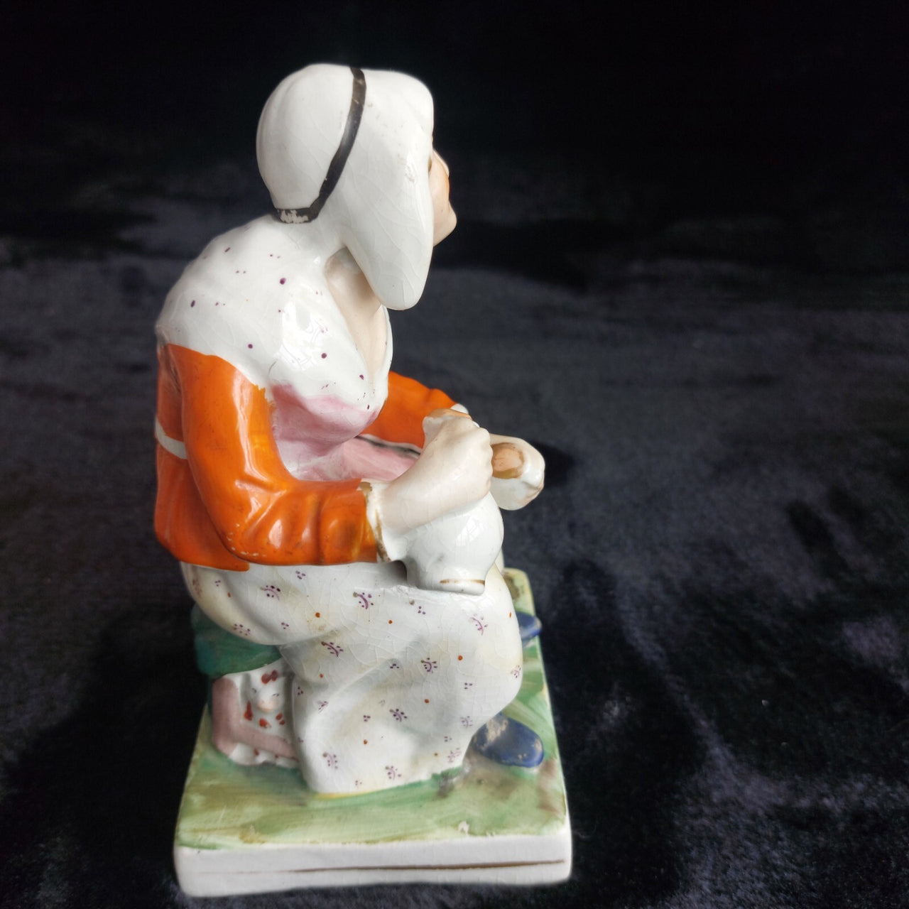Classic Staffordshire Figurine 6.5" Seated Woman Jug Pink Apron antique Medium7