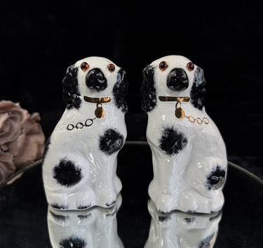 Antique Staffordshire Porcelain Black White Pair King Charles Spaniel Glass eyes0