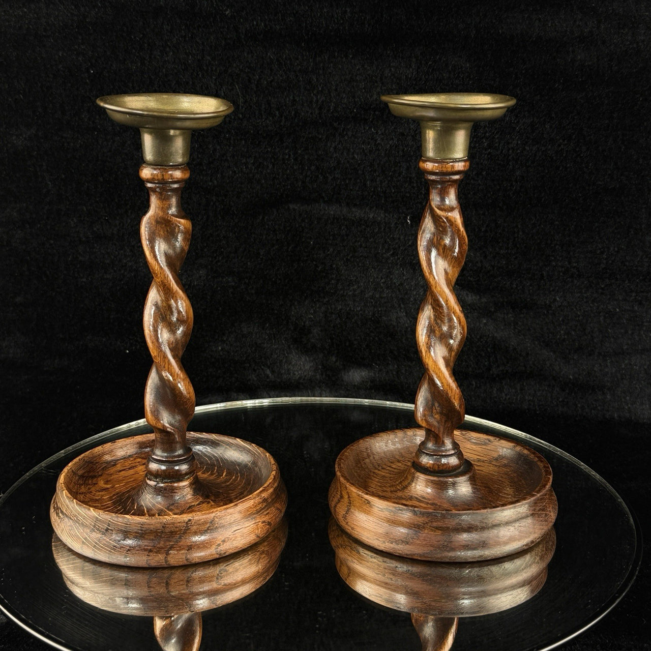 Antique Twist Barley Wood Candlesticks 8” Pair candle Holders English Brass.7