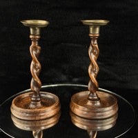 Thumbnail for Antique Twist Barley Wood Candlesticks 8” Pair candle Holders English Brass.7