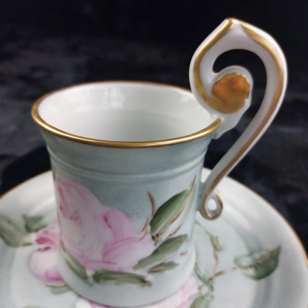 Capodimonte Hand Painted Cup Italy & Plate Set Pink Rose Gold Rim Floral Sallin/2