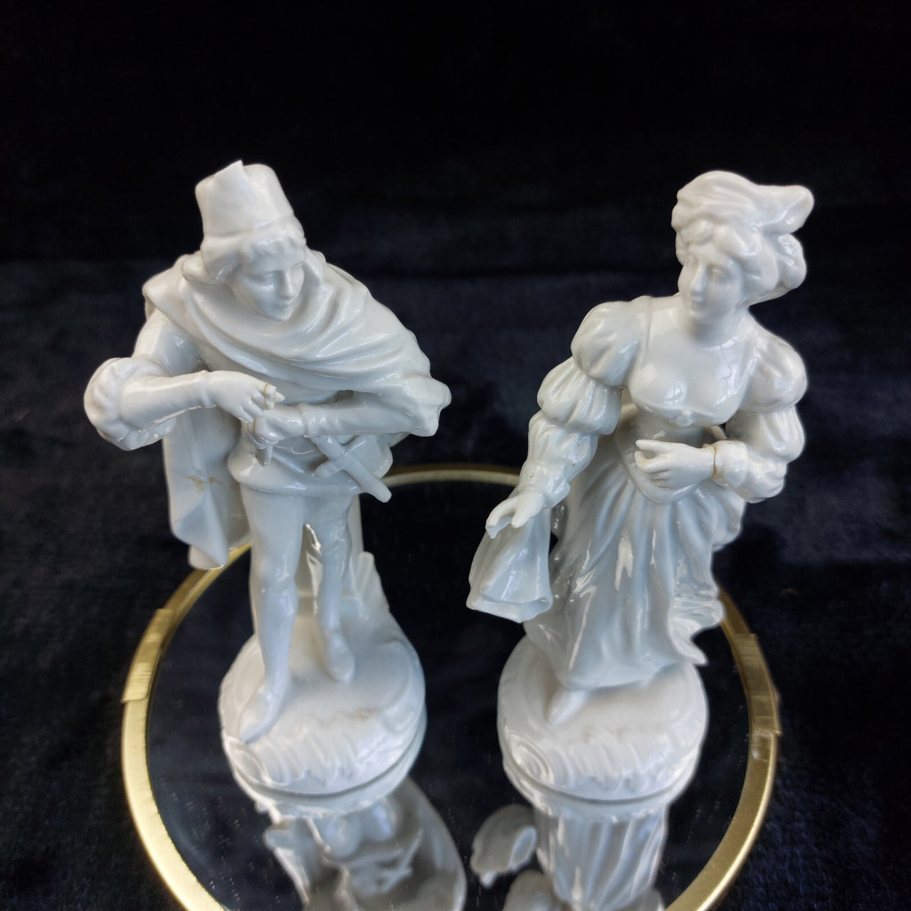 Antique Porcelain Figurines Pair Woman Man Medieval Style 6in Glazed damaged2