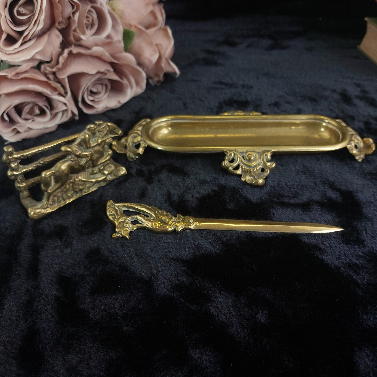 Vintage Brass Desk Set – Letter Holder, Rococo Tray pen holder & Letter Opener10