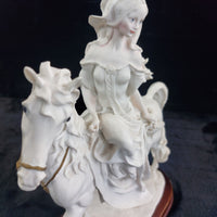 Thumbnail for The White Lady Figurine Elegant Matte Bisque Horseback Rider on Wood Base 12