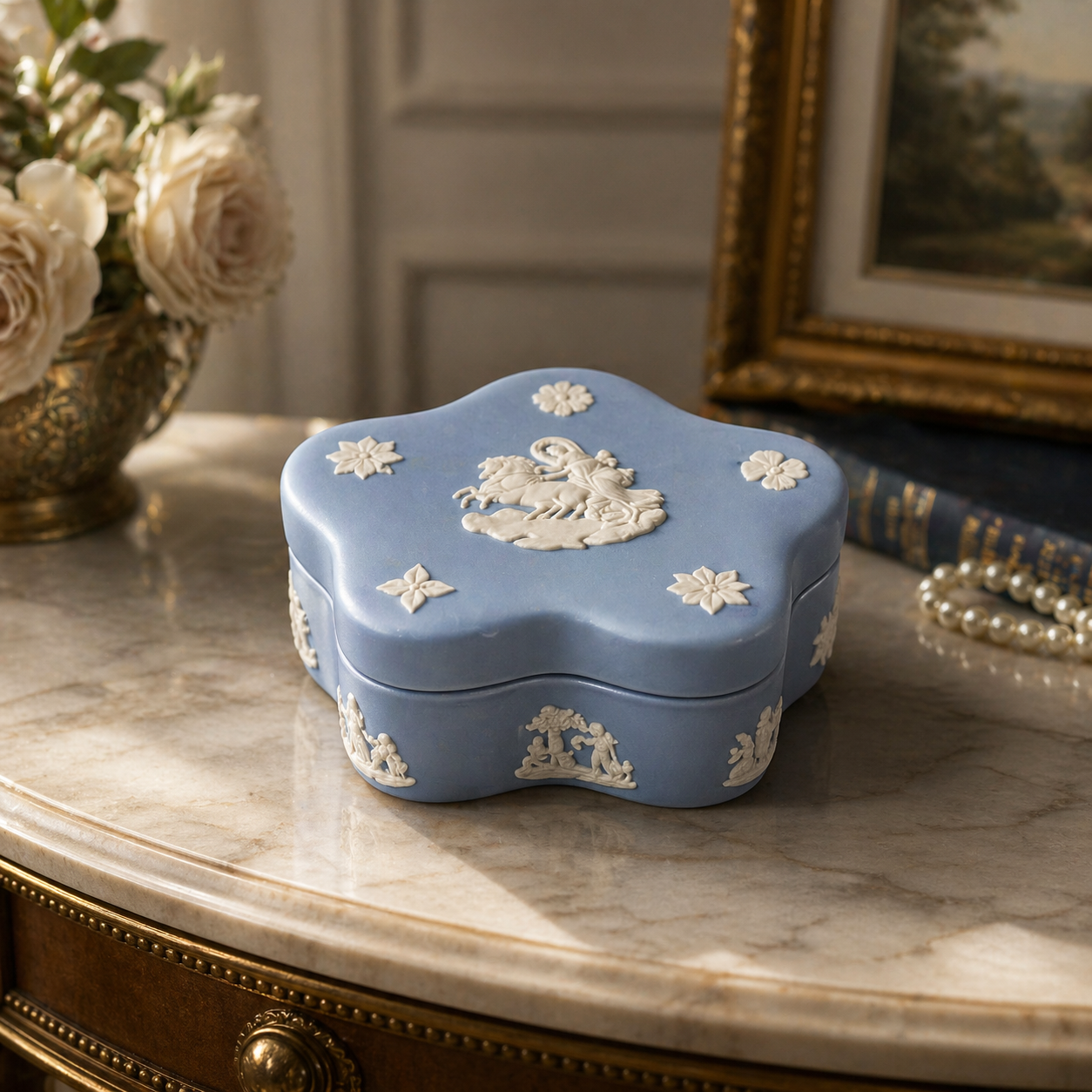 Wedgwood Blue Elegant Jasperware & Collectible Trinket Box/Lidded Dish British d0