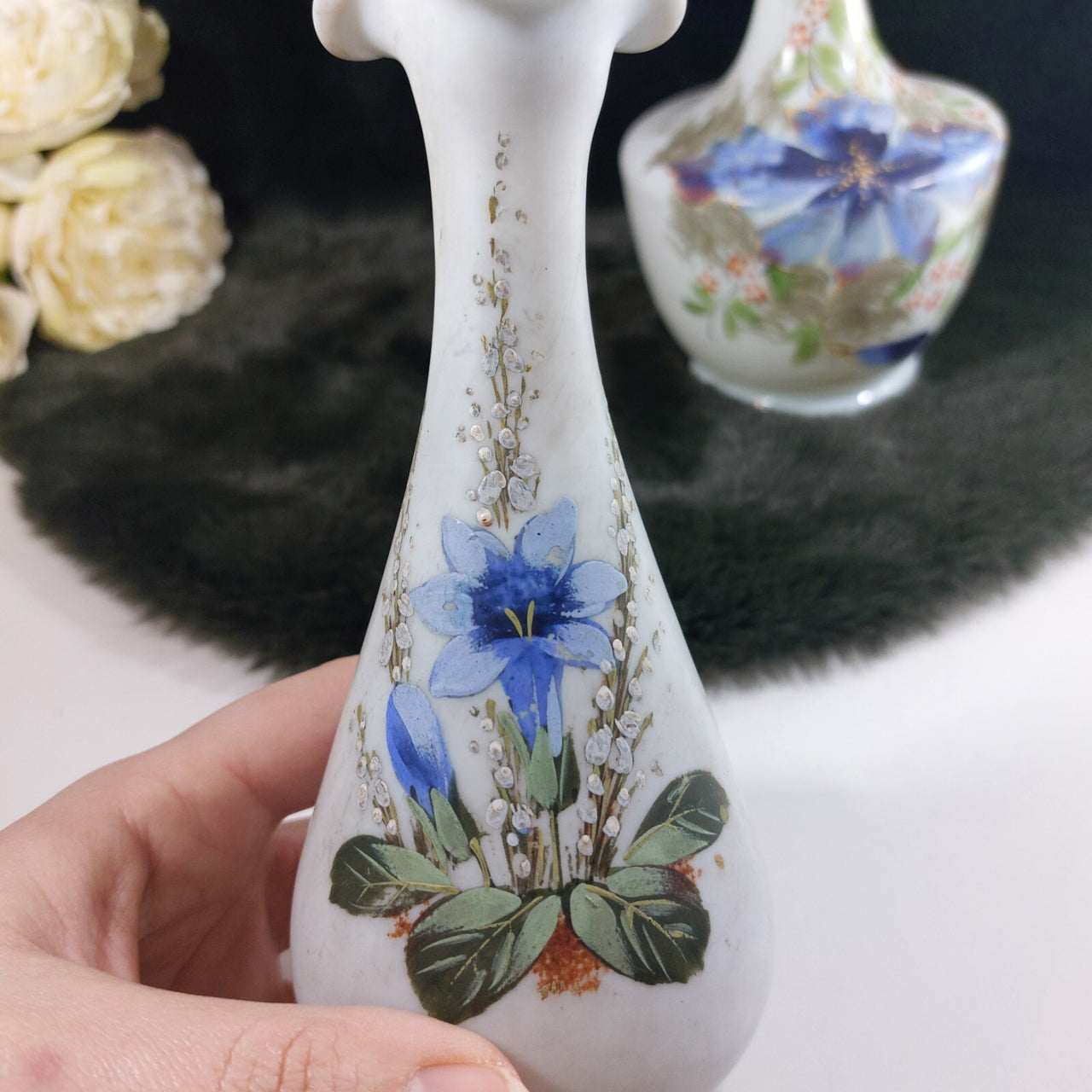 Rare Pair Antique of Hand-Painted Satin Glass Vases Milk Flowers Decor Porcelain2