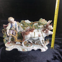 Thumbnail for Rococo Antique Dresden Style Figural Group Vase Man Ploughing Oxen Hand Painted11