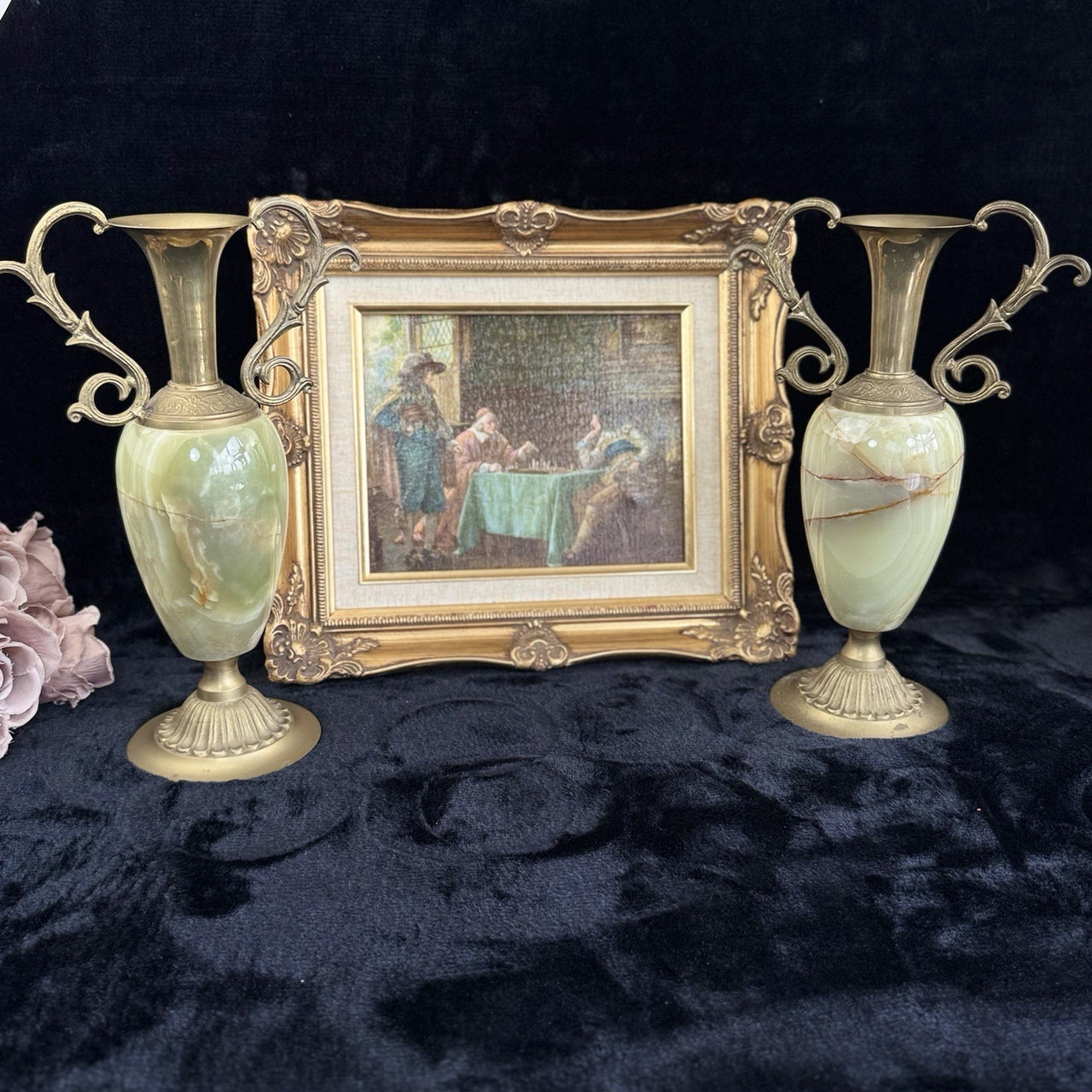 Pair of Brass & Green Onyx Marble Urn Vases Ornate Handles Decorative 35cm19