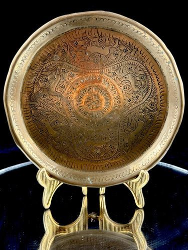 Antique Middle Eastern Brass Plate Hand Etched Islamic Design Deer Pattern Tray0