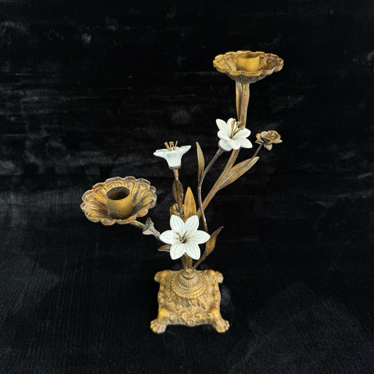 Italian Style Bronzed Brass Floral Candlestick White Ceramic Flowers gift 40cm9