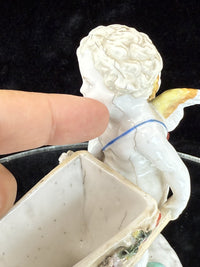 Thumbnail for Antique Cupid German Porcelain Figurine w Wheelbarrow Match Holder SPM see pics.9
