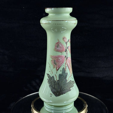 Antique Milk Glass Vase Pink Bell Flowers 10.5” Green Enamel Gilt bohem decor1