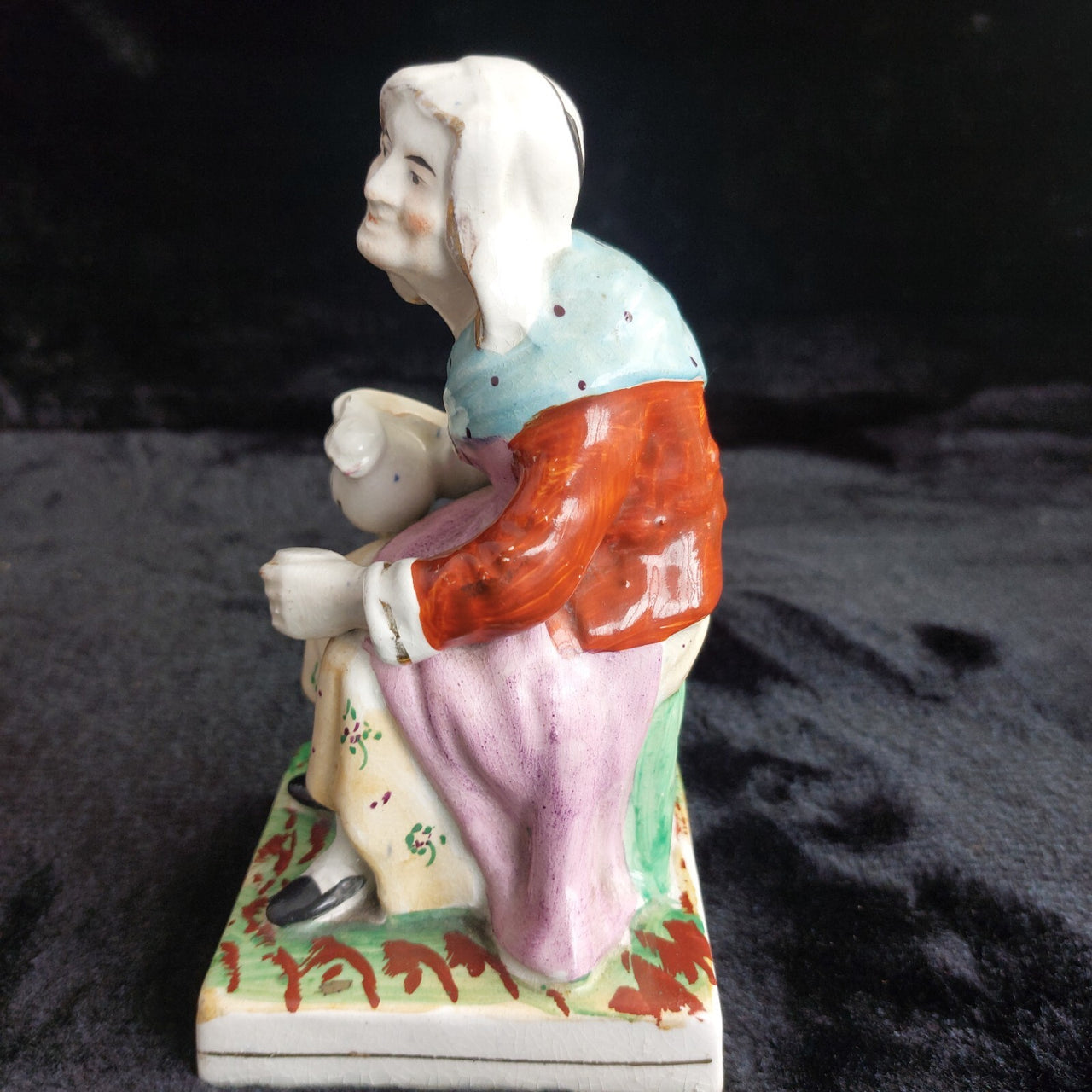 Antique Staffordshire Figurineâ Woman bluescarf , holding Teapot Painted 1880.4