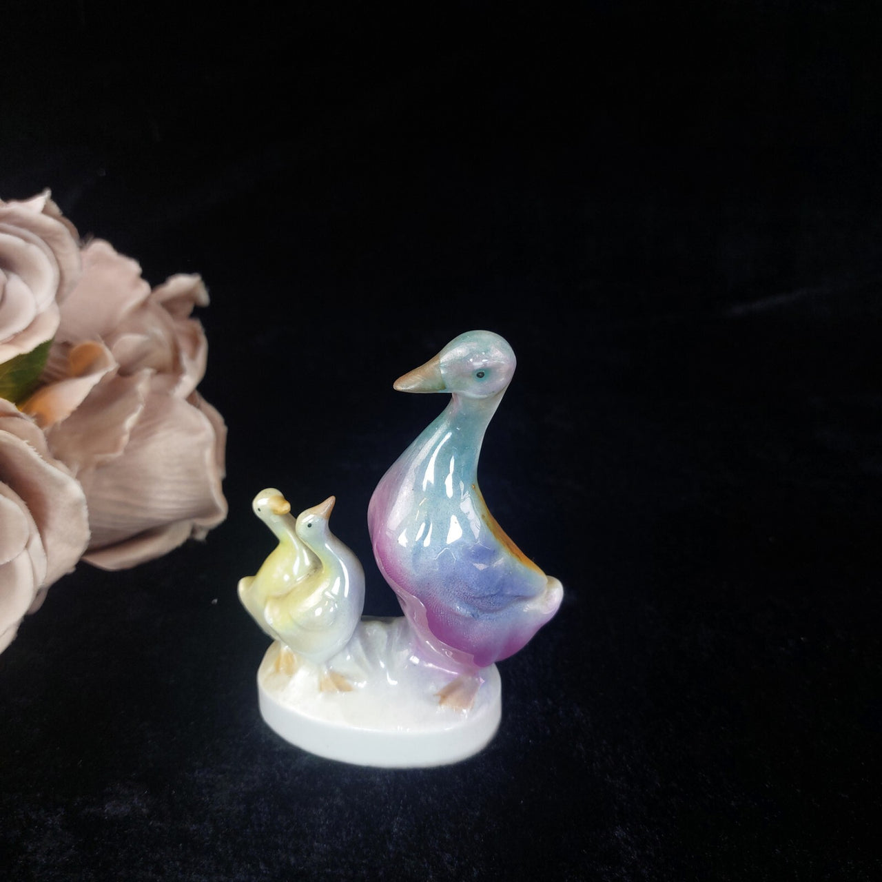 Antique Porcelain Duck Figurine Iridescent Pastel Trio – Foreign Mark 7, 4" Tall7