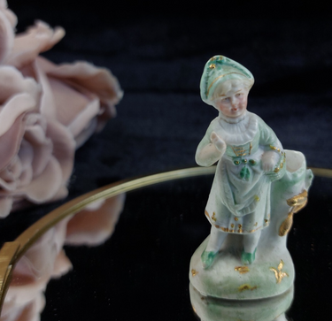 Antique German Porcelain Figurine Child w/ Boot Vase Green Gold Accents 2.5”0
