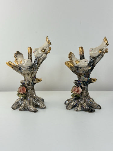 Vintage Iridescent Bird Figurines Pair Tree Trunk Base Gold Trim Roses Gift1