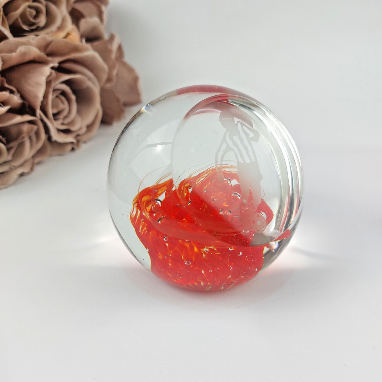 Murano Style Glass Paperweight Vintage -Footballer Etched Swirl Art Italy 0