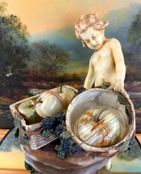 Thumbnail for Antique Putti Planter Figurine with Wicker Baskets and Berries - Majolica Style0