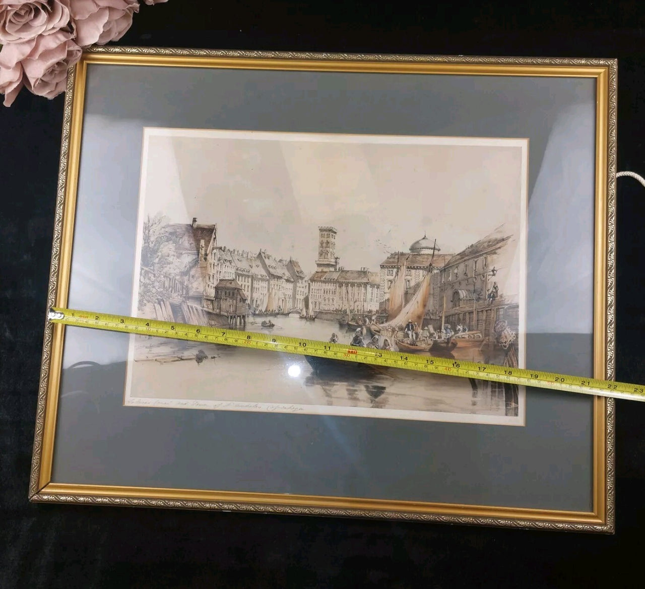 Lithograph Copenhagen Holmens Canal and Tower of St. Nicholas, from 1800's.10