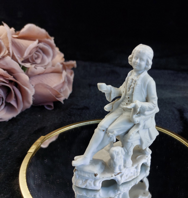 Antique Bisque Figurine 4in Seated Man with Dog White Porcelain Worn & Damaged0
