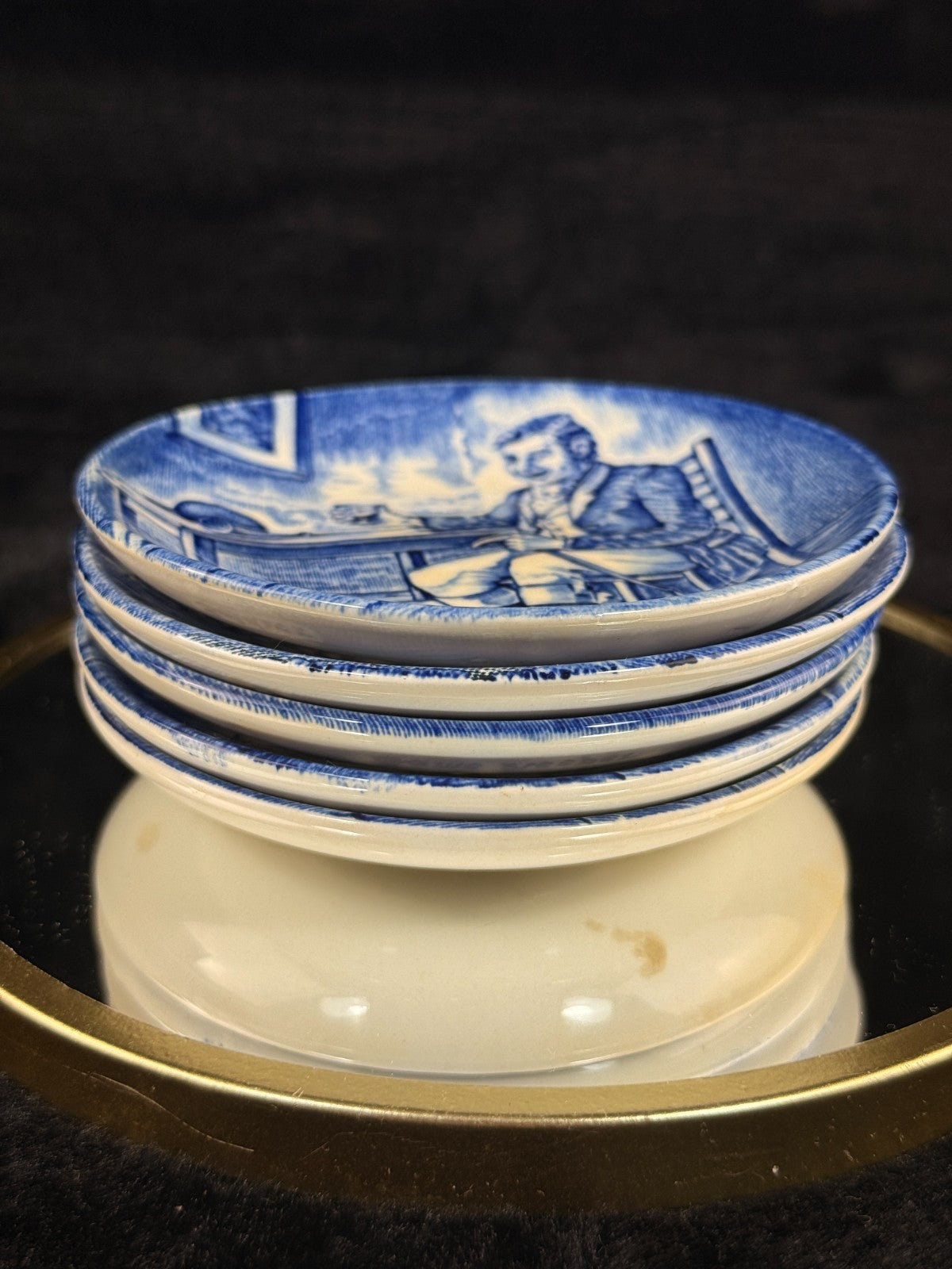 Booths Wedgwood England Blue Transfer Plates Set x5 Gamekeeper Farmer Soldier1
