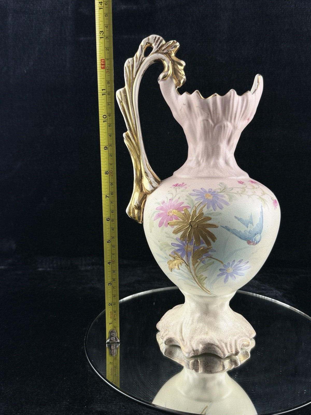 Victorian Style Floral Pitcher Vase Pink Gold Handle Bird Flowers 13" Ceramic9