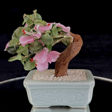 HandCarved Jade/Stone Bonsai Tree Figurine  Pink Flowers & Green Leaves gift1