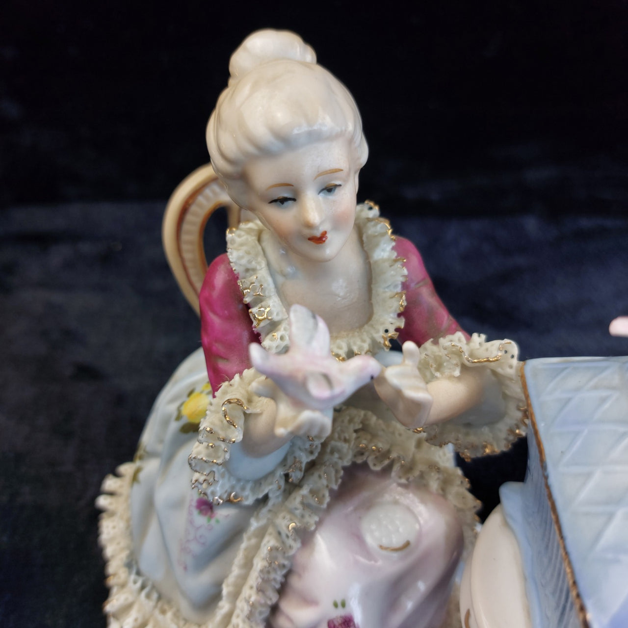 Dresden Style Porcelain Couple with Birds cage –Worn Lace & Tip Damage Gilt 9in8