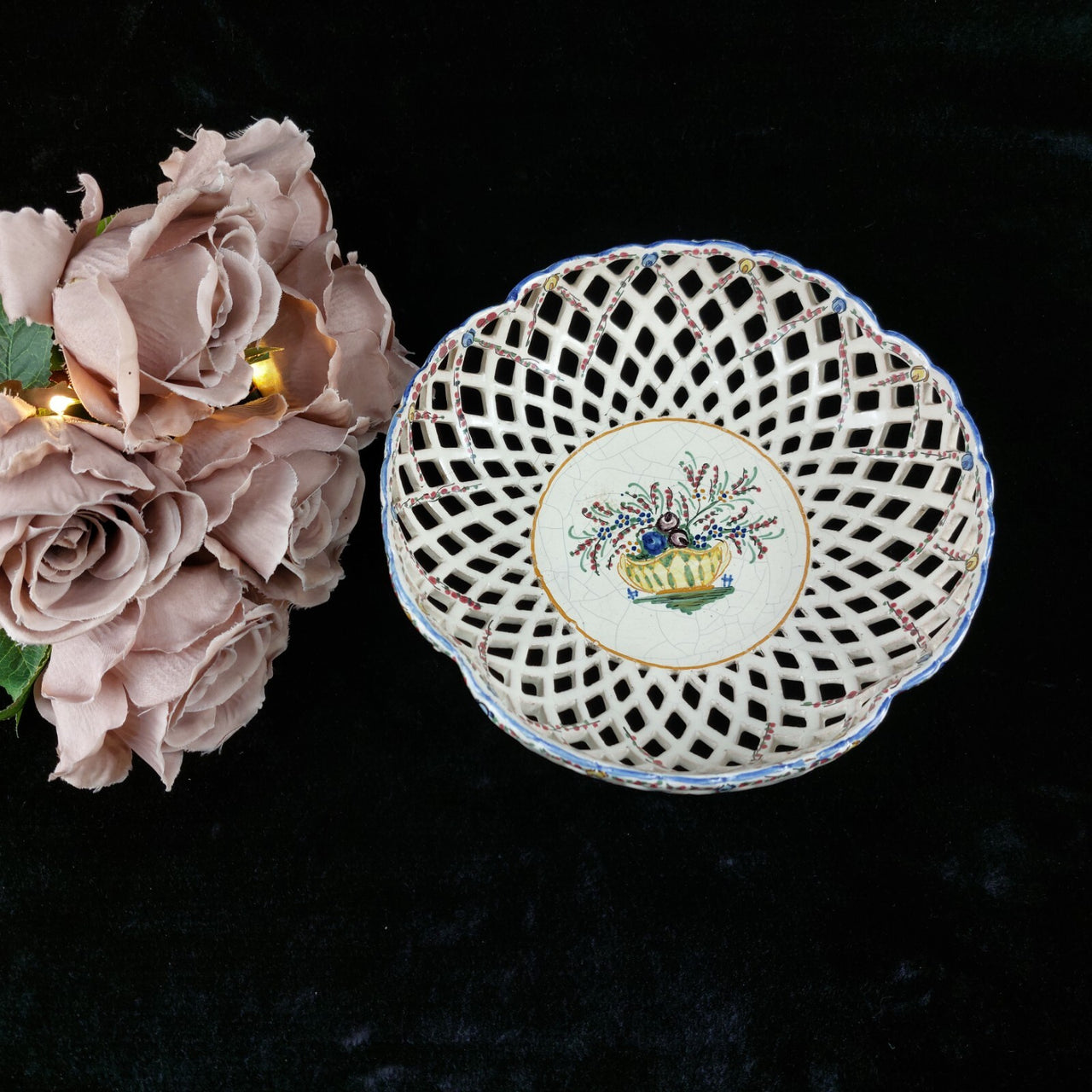 Mid-Century Italian Ceramic Lattice Bowl Hand-Painted Floral Design, gift plate.9