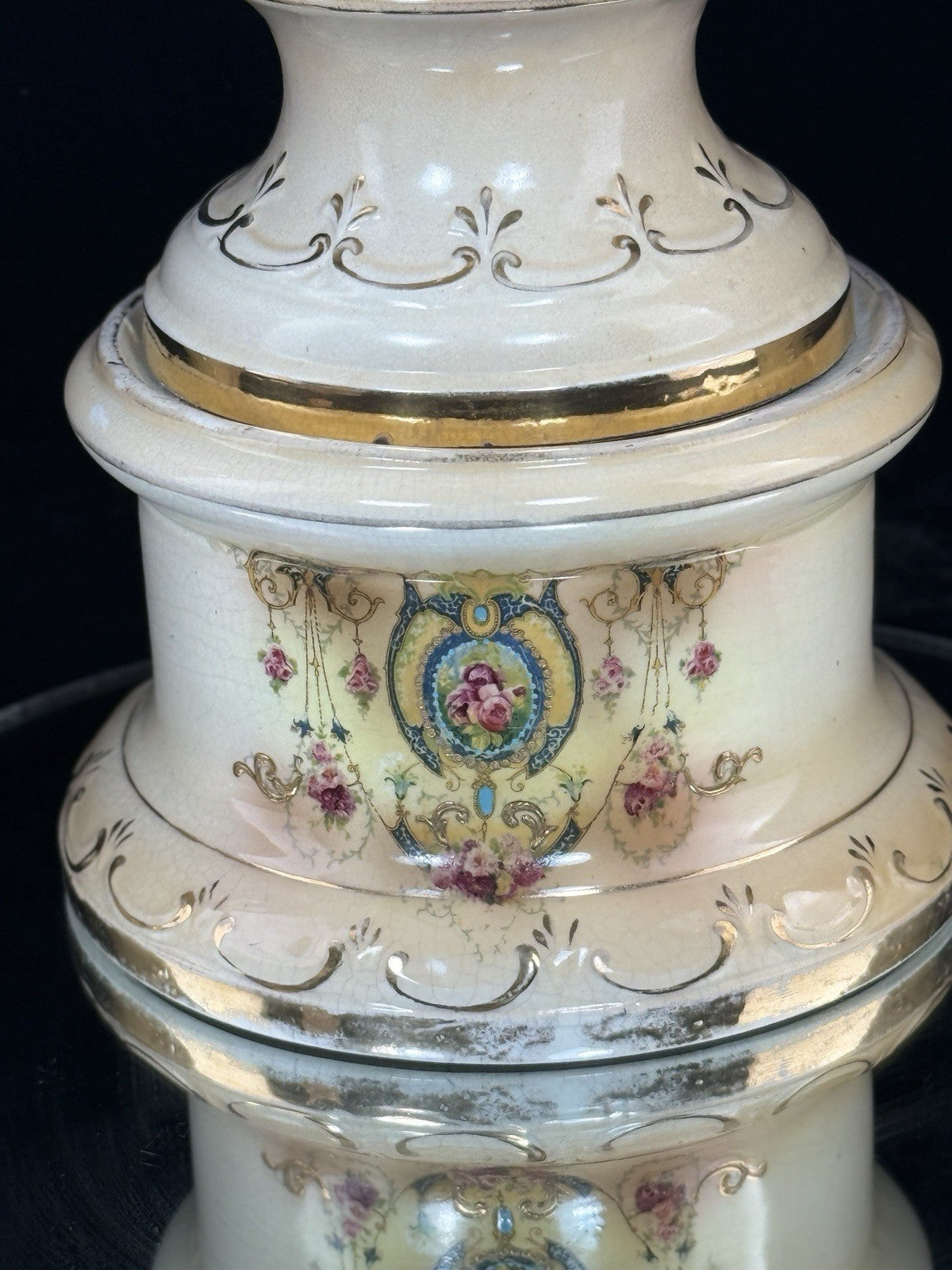 Antique English Alton Ware Urns Set Hand Painted Roses Gilded Porcelain Vase Set9